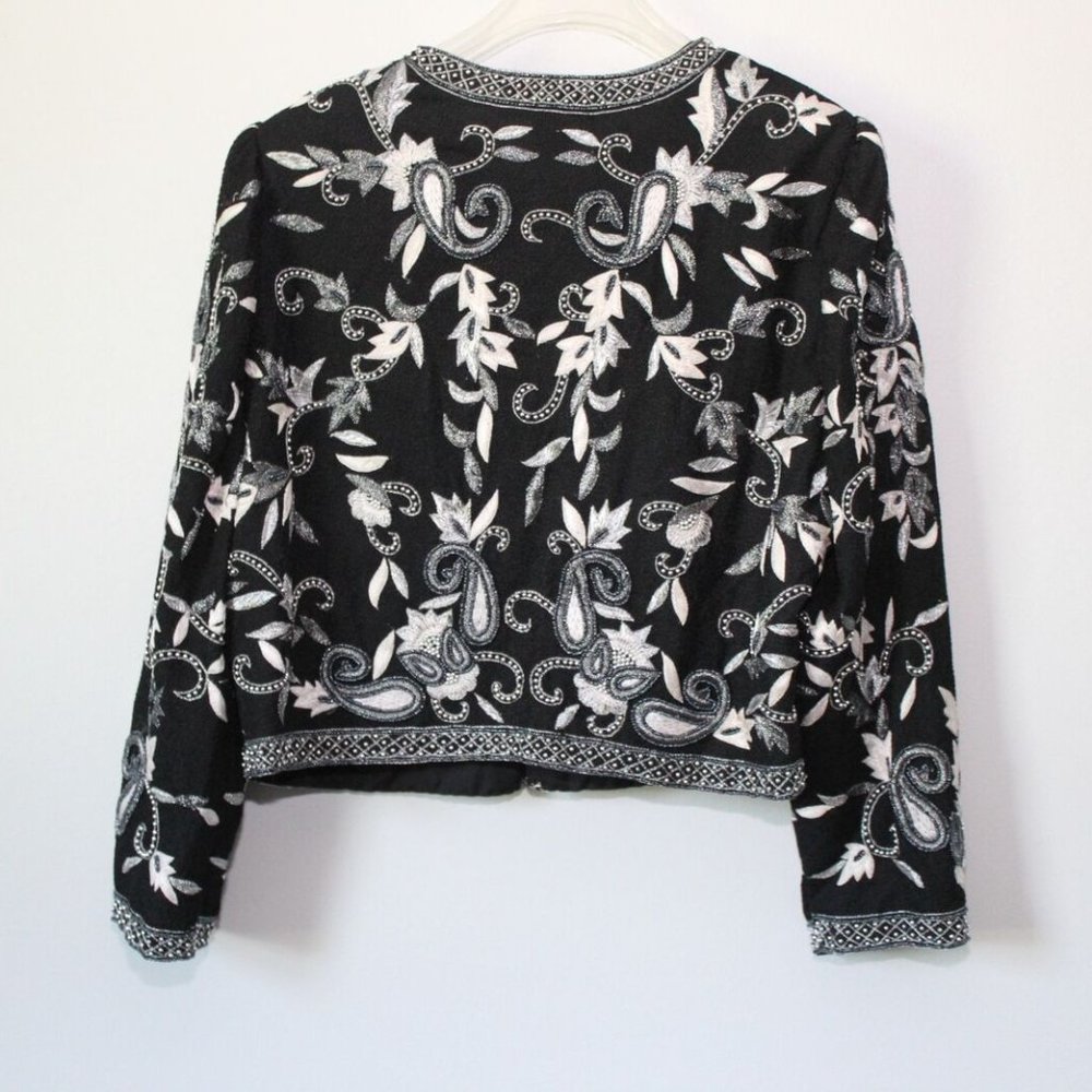 Vintage Laurence Kazar Silk Beaded Embroidered Blazer Jacket Black XL H13428 - Picture 6 of 12